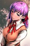  bangs breasts brown_vest commentary_request fate/stay_night fate_(series) from_above hair_between_eyes hair_ribbon homurahara_academy_uniform large_breasts long_hair long_sleeves looking_at_viewer matou_sakura purple_hair red_ribbon ribbon sgk shirt smile vest violet_eyes white_shirt 