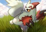  blue_sky clouds cloudy_sky creature creatures_(company) day fang full_body game_freak gen_3_pokemon grass looking_away nintendo no_humans open_mouth pokemon pokemon_(creature) sky solo standing standing_on_one_leg thumpleweed zangoose 