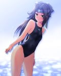  1girl absurdres arena_(company) beach blue_sky breasts brown_eyes brown_hair clouds cloudy_sky collarbone competition_school_swimsuit competition_swimsuit cowboy_shot dutch_angle eyebrows_visible_through_hair forehead_protector graphite_(medium) hair_intakes headband highres jintsuu_(kantai_collection) kantai_collection light_particles long_hair mechanical_pencil one-piece_swimsuit pencil reflection remodel_(kantai_collection) sky small_breasts solo standing sunlight swimsuit tennouji_masamichi traditional_media 