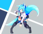  1girl animal_ear_fluff animal_ears black_footwear black_legwear blue_eyes blue_hair boots breasts eyebrows_visible_through_hair eyes_visible_through_hair fighting_stance fox_ears fox_tail hair_over_one_eye highres korigitsune looking_at_viewer medium_breasts multiple_tails necktie needle original shirt short_hair skirt solo tail thigh-highs throwing_needles white_shirt 