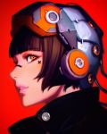  1girl bangs blunt_bangs brown_hair commentary eyebrows_visible_through_hair facial_mark helmet highres ilya_kuvshinov orange_eyes original portrait profile red_background short_hair simple_background solo 