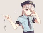  1girl ;d black_hat black_neckwear blue_shirt brown_background collared_shirt commentary_request cuffs fingernails hachimitsu_honey handcuffs hat head_tilt highres light_brown_hair long_hair looking_at_viewer necktie one_eye_closed open_mouth original police police_hat police_uniform policewoman red_eyes shirt short_sleeves simple_background smile solo sparkle uniform very_long_hair 