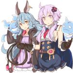  2girls ahoge bangs black_gloves breasts closed_mouth commentary_request cosplay costume_switch cropped_torso ferry_(granblue_fantasy) gloves granblue_fantasy hair_between_eyes hands_up holding hood hood_down lavender_eyes lavender_hair light_blue_hair long_hair long_sleeves looking_at_viewer multiple_girls no_legs sideboob simple_background sketch smile sweatdrop toromera vocaloid white_background yuzuki_yukari 