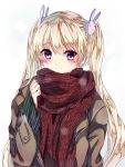  1girl blush coat earrings hair_between_eyes hair_ornament highres jewelry looking_at_viewer maplestory mole mole_under_eye orchid_(maplestory) scarf silver_hair smile twintails user_sekn8548 violet_eyes 