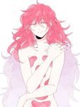  1other androgynous colored_eyelashes crystal_hair eeennnka eyebrows_visible_through_hair gem hair_between_eyes houseki_no_kuni light_smile long_hair looking_at_viewer nude padparadscha_(houseki_no_kuni) red_eyes redhead smile solo very_long_hair wavy_hair white_background 