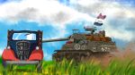  caterpillar_tracks clouds day grass ground_vehicle highres kakesoba m8a1 military military_vehicle motor_vehicle no_humans sky tank truck weapon world_of_tanks 