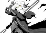  1girl artoria_pendragon_(all) bow braid cloak energy_sword fate/grand_order fate_(series) french_braid gauntlets greyscale hair_bow highres holding holding_weapon hood hooded_cloak monochrome mysterious_heroine_x_(alter) spot_color sword tsukamoto_minori weapon yellow_eyes 