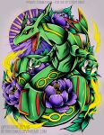  claws commentary creature creatures_(company) deviantart_username english_commentary flower full_body game_freak gen_3_pokemon leaf legendary_pokemon nintendo no_humans open_mouth pokemon pokemon_(creature) purple_flower rayquaza retkikosmos watermark web_address yellow_eyes 