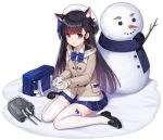  1girl :d allenes animal_ear_fluff animal_ears azur_lane bag bag_charm bangs black_footwear blue_bow blue_eyes blue_skirt blush bow brown_hair brown_jacket brown_mittens cannon cat_ears charm_(object) closed_mouth collared_shirt eyebrows_visible_through_hair hatsuharu_(azur_lane) headset holding jacket loafers long_hair long_sleeves looking_at_viewer mittens official_art open_mouth parted_lips pleated_skirt school_bag shirt shoes sitting skirt smile snow snow_bunny snowman solo thigh-highs transparent_background turret very_long_hair wariza white_legwear white_shirt 
