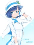  1girl blue_eyes blue_hair bubukka character_name closed_mouth eyebrows_visible_through_hair gloves hat long_sleeves looking_at_viewer short_hair smile solo suntory suntory_nomu virtual_youtuber white_gloves white_hat 