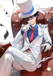  1boy ace_of_spades black_hair blue_eyes blue_shirt cape card chair formal gloves hand_up hat ice_(ice_aptx) kaitou_kid legs_crossed looking_at_viewer male_focus meitantei_conan monocle necktie pants playing_card red_neckwear shirt sitting smile solo suit top_hat white_background white_gloves white_hat white_pants white_suit 