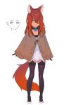  1girl absurdres animal_ears arms_at_sides black_choker brown_hair brown_jacket choker closed_mouth clothes collarbone fox_ears fox_tail full_body garter_straps gloves green_eyes hair_between_eyes hair_over_eyes highres jacket light_smile long_sleeves looking_at_viewer nagisa_kurousagi original purple_gloves purple_legwear simple_background solo standing tail thigh-highs white_background zettai_ryouiki 