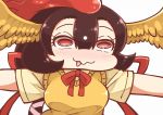  1girl 1koma :p bare_arms bird_wings black_hair bow bowtie comic feathered_wings hair_between_eyes head_wings hi_no_tori hi_no_tori_(kemono_friends) kemono_friends long_hair multicolored_hair outstretched_arms personification red_eyes red_neckwear redhead ribbon shirt short_sleeves silent_comic solo spread_arms sweater_vest tanaka_kusao tongue tongue_out two-tone_hair upper_body white_pupils wings 