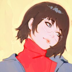  1girl bangs brown_hair eyebrows_visible_through_hair glasses grey_eyes highres ilya_kuvshinov original portrait red_sweater short_hair smile solo sweater turtleneck turtleneck_sweater yellow_background 