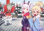  3girls :o akashi_(azur_lane) animal_ear_fluff animal_ears arms_up azur_lane bangs bell black_footwear black_gloves blonde_hair blue_kimono blue_sky bow brown-framed_eyewear candy_apple cat_ears closed_eyes commentary_request day double_bun eldridge_(azur_lane) eyebrows_visible_through_hair facial_mark floral_print flower food frilled_kimono frills fur_collar glasses gloves green_hair hair_bell hair_between_eyes hair_bow hair_bun hair_ornament hairband half_gloves holding holding_food japanese_clothes jingle_bell kimono koko_ne_(user_fpm6842) laffey_(azur_lane) licking long_sleeves looking_at_viewer looking_to_the_side multiple_girls obi open_mouth outdoors parted_lips pink_flower print_kimono rabbit_ears red_bow red_eyes red_flower red_hairband red_kimono ribbon-trimmed_legwear ribbon_trim sash short_kimono sidelocks silver_hair sky sleeves_past_fingers sleeves_past_wrists stairs stone_stairs thigh-highs tongue tongue_out v-shaped_eyebrows white_bow white_legwear wide_sleeves zouri 