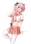  1boy :d androgynous arm_support astolfo_(fate) black_bow bow braid braided_ponytail collarbone crop_top crossdressinging fate/apocrypha fate_(series) hair_bow hair_over_shoulder hand_in_hair ittokyu leaning_back long_hair looking_at_viewer midriff miniskirt navel open_mouth otoko_no_ko pink_hair pink_sailor_collar pink_skirt pleated_skirt sailor_collar school_uniform serafuku shiny shiny_hair shirt short_sleeves single_braid skirt smile solo stomach thigh-highs very_long_hair violet_eyes white_legwear white_shirt zettai_ryouiki 