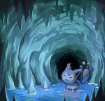  cat cave closed_eyes closed_mouth commentary creature creatures_(company) dark english_commentary game_freak gen_3_pokemon highres nintendo no_humans pokemon pokemon_(creature) skitty solo standing thumpleweed water 
