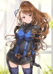  1girl alternate_costume arms_behind_back bangs bangsiart beatrix_(granblue_fantasy) belt black_gloves blue_ribbon blush breasts brown_eyes brown_hair closed_mouth collarbone curtains eyebrows_visible_through_hair gloves granblue_fantasy hair_ribbon high_ponytail highres hinahino indoors large_breasts long_hair looking_at_viewer pauldrons ponytail ribbon smile solo swept_bangs thigh-highs 