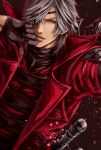  1boy black_eyepatch black_gloves blue_eyes coat cosplay dante_(devil_may_cry) dante_(devil_may_cry)_(cosplay) date_masamune_(sengoku_basara) devil_may_cry eyepatch futanoha-pocomark gloves grey_hair holding holding_sword holding_weapon medium_hair multiple_swords parted_lips red_coat sengoku_basara silver_hair solo sword upper_body weapon white_hair zipper zipper_pull_tab 