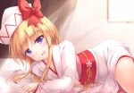  1girl :d backlighting bangs blonde_hair blue_eyes blurry blurry_background blush bow commentary_request curtains depth_of_field eyebrows_visible_through_hair fairy_wings hat hat_bow highres indoors japanese_clothes kimono lily_white long_hair long_sleeves looking_at_viewer lying lzh obi on_bed on_side open_mouth red_bow ribbon sash sidelocks smile solo touhou transparent_wings white_hat white_kimono wings yellow_ribbon 
