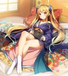  1girl :o bangs bare_legs bare_shoulders blonde_hair blue_flower blue_kimono blue_ribbon blush collarbone commentary_request day eyebrows_visible_through_hair floral_print flower furisode hair_flower hair_ornament hair_ribbon head_tilt highres holding indoors japanese_clothes kimono legs_crossed light_particles long_hair long_sleeves looking_at_viewer nintendo_switch no_shoes obi off_shoulder original parted_lips pillow print_kimono reclining ribbon sash sidelocks socks solo striped striped_ribbon thighs twintails very_long_hair violet_eyes white_legwear wide_sleeves window yuuki_yuu 