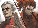  2boys changpao chinese_clothes grey_hair hair_slicked_back imperial_head_guard_(fate/grand_order) kusarebon li_shuwen_(fate) male_focus multiple_boys ponytail red_eyes redhead sunglasses tangzhuang 