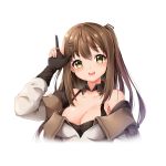  1girl :d absurdres arm_up bangs bare_shoulders black_collar bloody0rabby blush breasts brown_eyes brown_gloves brown_hair cleavage collar collarbone detached_collar eyebrows_visible_through_hair girls_frontline gloves hair_between_eyes hair_ornament hairclip head_tilt highres jacket k-2_(girls_frontline) large_breasts long_sleeves looking_at_viewer one_side_up open_mouth partly_fingerless_gloves round_teeth simple_background smile solo teeth upper_body upper_teeth w white_background white_jacket wing_collar 