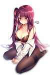  1girl artist_name bangs bare_shoulders between_legs black_bra blush bra breasts brown_legwear cleavage closed_mouth collarbone commentary_request dress_shirt eyebrows_visible_through_hair full_body girls_frontline hair_ribbon highres korean_commentary lace lace-trimmed_bra large_breasts lingerie long_hair long_sleeves looking_at_viewer maett no_pants no_shoes off_shoulder one_side_up pantyhose purple_hair red_eyes red_ribbon ribbon seiza shirt sidelocks simple_background sitting smile solo sweat thighband_pantyhose underwear v-shaped_eyebrows very_long_hair wa2000_(girls_frontline) white_background white_shirt 