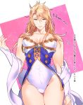  1girl aglovale_(granblue_fantasy) androgynous arrow bare_shoulders blonde_hair bulge closed_mouth collarbone crossdressinging detached_sleeves eyelashes granblue_fantasy hips leotard long_hair looking_down pink_background pokosuka shrug_(clothing) square thighs trap 