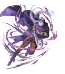  1boy belt boots cape dagger fingerless_gloves fire_emblem fire_emblem:_rekka_no_ken fire_emblem_heroes full_body gloves headband highres legault long_hair male_focus nintendo official_art p-nekor purple_hair scar solo teeth torn_clothes transparent_background violet_eyes weapon 