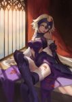  1girl arm_support armor blonde_hair breasts brown_hair chains cleavage elbow_gloves fate/grand_order fate_(series) fur-trimmed_gloves fur_trim gloves highres jeanne_d&#039;arc_(alter)_(fate) jeanne_d&#039;arc_(fate)_(all) legs_crossed long_hair mao_mao_wansui medium_breasts mouth_hold navel navel_cutout petals rose_petals shadow smile solo thigh-highs thighs yellow_eyes 