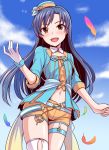  1girl bangs belt blue_belt blue_hair blue_sky blush brown_eyes chains clouds collar collarbone dan_(orange_train) eyebrows_visible_through_hair feathers gloves hat idolmaster idolmaster_(classic) jewelry kisaragi_chihaya legs_together long_hair looking_at_viewer midriff navel open_mouth orange_shorts parted_bangs ring shiny shiny_skin short_shorts shorts single_glove single_thighhigh sky smile star thigh-highs thigh_strap thighs white_collar white_gloves white_legwear wings 
