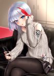  1girl 3104_(3104milkshake) :o admiral_graf_spee_(azur_lane) aran_sweater azur_lane bangs black_choker black_legwear black_skirt blue_eyes blush cellphone choker collarbone commentary_request couch deutschland_(azur_lane) eyebrows_visible_through_hair grey_sweater hair_tucking highres holding holding_cellphone holding_phone indoors leaning_forward long_sleeves looking_at_viewer miniskirt multicolored_hair nail_polish open_mouth pantyhose phone pin pink_nails pleated_skirt redhead short_hair shoulder_cutout silver_hair sitting skirt smartphone solo streaked_hair sweater 