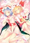  2girls absurdres ascot bangs bare_legs bat_wings blonde_hair blue_hair blush crystal dutch_angle feet_out_of_frame flandre_scarlet frilled_shirt_collar frills full_body hair_between_eyes hat hat_ribbon highres looking_at_viewer miniskirt mob_cap multiple_girls one_side_up petticoat pink_legwear pink_shirt pink_skirt puffy_short_sleeves puffy_sleeves red_eyes red_neckwear red_ribbon red_skirt red_vest remilia_scarlet ribbon sakusyo shirt short_hair short_sleeves siblings sisters sitting skirt skirt_set socks thighs touhou vest wariza white_hat white_shirt wing_collar wings yellow_neckwear 