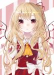  1girl ascot bangs blonde_hair blush bow closed_mouth commentary_request crystal eringi_(rmrafrn) eyebrows_visible_through_hair flandre_scarlet hair_ribbon long_hair looking_at_viewer messy_hair orange_neckwear pleated_skirt puffy_short_sleeves puffy_sleeves red_eyes red_ribbon red_skirt red_vest ribbon shirt short_sleeves skirt skirt_set solo sweat touhou very_long_hair vest white_bow white_shirt wings 