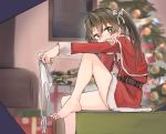  1girl barefoot belt blurry capelet christmas_tree commentary_request depth_of_field feet feet_out_of_frame gift green_eyes grey_hair hair_ribbon highres kabayaki_namazu kantai_collection long_hair panties panties_removed ribbon santa_costume sitting solo twintails underwear white_panties white_ribbon window zuikaku_(kantai_collection) 
