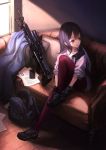  1girl ankle_boots backpack bag black_footwear black_gloves black_hair blanket blue_eyes boots closed_mouth commentary couch day dressing dust_particles gloves gun handgun highres holster indoors knee_up koh_(minagi_kou) long_hair looking_away looking_to_the_side m1911 mk_14_ebr on_couch original pantyhose paper pistol purple_legwear purple_sweater rifle sitting sleeves_pushed_up smartphone_case sniper_rifle solo sunlight sweater watch watch weapon window wooden_floor 