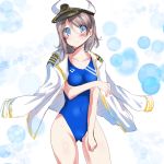  1girl ass_visible_through_thighs blue_eyes blue_swimsuit breasts clothes_on_shoulders commentary_request competition_swimsuit covered_navel cowboy_shot grey_hair hat highres jacket_on_shoulders looking_at_viewer love_live! love_live!_sunshine!! medium_breasts military military_uniform naval_uniform one-piece_swimsuit peaked_cap short_hair solo standing swimsuit uniform watanabe_you white_background white_hat zero-theme 