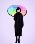  1girl bangs black_coat black_footwear black_hair black_scarf blush full_body highres holding holding_umbrella ilya_kuvshinov looking_at_viewer medium_hair original purple_background rainbow scarf simple_background smile solo standing swept_bangs umbrella 