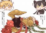  1koma 3girls animal_ears ass bird_tail bird_wings black_gloves black_hair black_leopard_(kemono_friends) black_shirt blonde_hair blush_stickers brown_hair chibi comic crossover extra_ears eyebrows_visible_through_hair feathered_wings flying_sweatdrops furrowed_eyebrows gloves head_wings hi_no_tori hi_no_tori_(kemono_friends) holding kemono_friends leopard_(kemono_friends) leopard_ears long_hair looking_at_another lying multicolored_hair multiple_girls neck_ribbon on_side open_mouth orange_eyes panties personification ponytail red_footwear red_ribbon redhead ribbon shirt shoe_soles shoes short_sleeves skirt smile sweater_vest tanaka_kusao translation_request trembling twintails two-tone_hair underwear white_hair white_panties wings yellow_eyes yellow_wings 