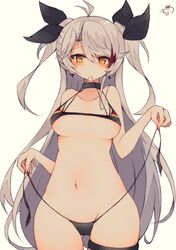  1girl azur_lane bangs bikini black_choker breasts choker collarbone commentary_request cross cross_earrings earrings eyebrows_visible_through_hair flag_print german_flag_bikini highres jewelry long_hair looking_at_viewer multicolored_hair muuran navel prinz_eugen_(azur_lane) side-tie_bikini sidelocks silver_hair simple_background solo stomach streaked_hair swept_bangs swimsuit thigh_strap two_side_up under_boob untied untied_bikini untying white_background 