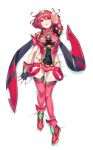  1girl bangs breasts covered_navel earrings fingerless_gloves full_body gloves green322 headpiece highres pyra_(xenoblade) jewelry large_breasts nintendo red_shorts redhead short_hair shorts shoulder_armor simple_background smile solo swept_bangs tiara xenoblade_(series) xenoblade_2 