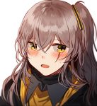  1girl bangs blush brown_hair girls_frontline hair_between_eyes hair_ornament jacket long_hair looking_at_viewer one_side_up open_mouth scar scar_across_eye scarf shirt silence_girl simple_background solo sweatdrop ump45_(girls_frontline) white_background white_shirt yellow_eyes 