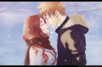  1boy 1girl bleach brown_hair closed_eyes coat couple fitstarrysky fur-trimmed_hood highres imminent_kiss inoue_orihime kurosaki_ichigo letterboxed long_hair orange_hair scarf snow visible_air watermark web_address winter winter_clothes winter_coat 