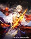  1boy black_cloud blonde_hair blue_eyes clouds copyright_request dated detached_sleeves flaming_sword gabiran grey_sky hand_up holding holding_sword holding_weapon magatama magic male_focus molten_rock official_art outdoors serious smoke standing sword tassel volcano weapon wide_sleeves 