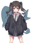  1girl :o bangs black_jacket blush brown_eyes brown_hair collared_shirt drawstring feet_out_of_frame green_neckwear grey_skirt hair_between_eyes hands_in_pockets highres hood hood_down hooded_jacket idolmaster idolmaster_cinderella_girls jacket kinty legs_apart long_hair looking_at_viewer miniskirt mole mole_under_eye necktie open_mouth pleated_skirt school_uniform sharp_teeth shirt sidelocks skirt solo striped striped_neckwear sunazuka_akira teeth thighs twintails wavy_hair white_background white_shirt 