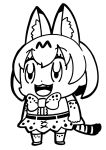  1girl :3 animal_ear_fluff animal_ears bangs bkub bow bowtie commentary elbow_gloves extra_ears eyebrows_visible_through_hair fangs full_body gloves greyscale highres kemono_friends monochrome open_mouth print_gloves print_legwear print_neckwear print_skirt serval_(kemono_friends) serval_ears serval_print serval_tail shirt short_hair simple_background skirt sleeveless sleeveless_shirt smile solo striped_tail tail thigh-highs white_background 