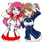  2girls ahoge blue_eyes bow breasts brown_hair etou_kanami hair_ornament hair_ribbon hondo_kaede large_breasts long_hair minamoto_sakura minoseki_gakuin_uniform multiple_girls one_side_up pink_hair red_eyes redhead ribbon school_uniform seiyuu_connection short_hair toji_no_miko v yonecchi zombie_land_saga 