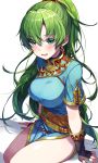  1girl :d arm_support bangs belt blush breasts commentary_request cute earrings eyebrows_visible_through_hair fingerless_gloves fire_emblem fire_emblem:_rekka_no_ken fire_emblem_7 fire_emblem_heroes gloves green_eyes green_hair hair_between_eyes high_ponytail highres intelligent_systems jewelry large_breasts long_hair lyndis_(fire_emblem) nintendo open_mouth pelvic_curtain ponytail ringozaka_mariko shadow short_sleeves side_slit sidelocks simple_background sitting smile solo super_smash_bros. thighs white_background 