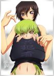  1boy 1girl bare_shoulders black_hair blush c.c. code_geass green_hair kaname_aomame lelouch_lamperouge long_hair looking_at_viewer shared_clothes shirt signature simple_background smile violet_eyes yellow_eyes 